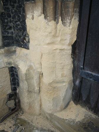 decay of the stone walls at St Margaret's Church in Uxbridge