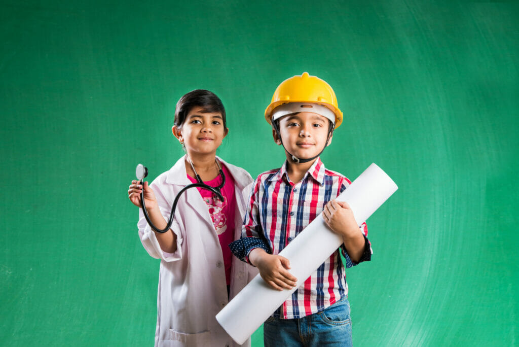 children posing as doctors and construction workers