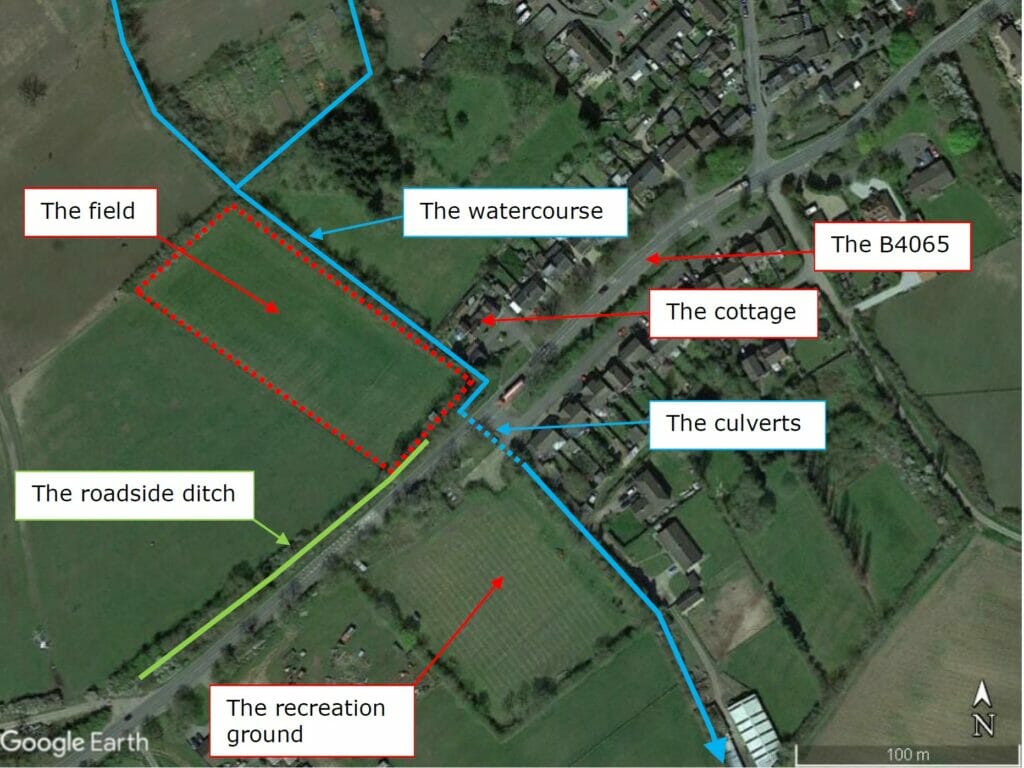 Plan showing the field, the watercourse and the culverts.