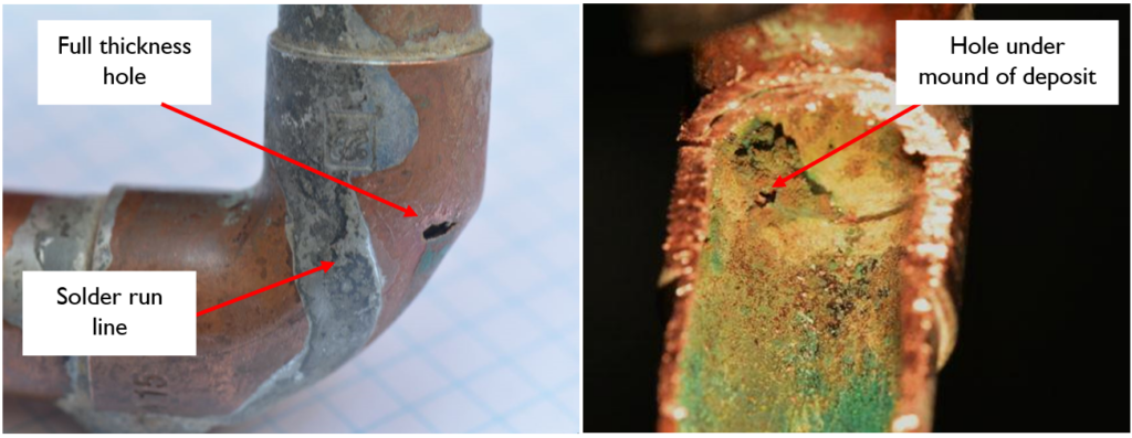 Left: Corrosion of pipework from the outside in, viewed from the outside. Right: Viewed from the inside under a solder deposit