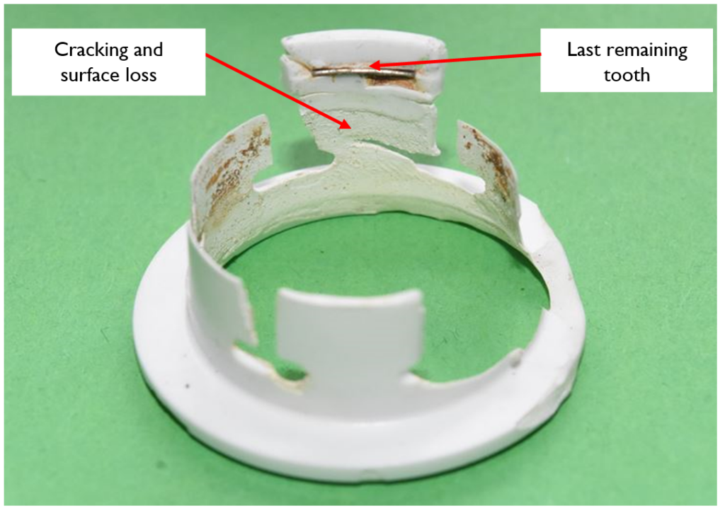 An example of a degraded collet for a push fit fitting.