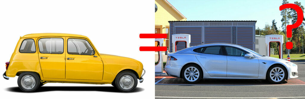 a picture of an order car on the left and a more modern car on the right to show acceleration from rest can differ from car to car