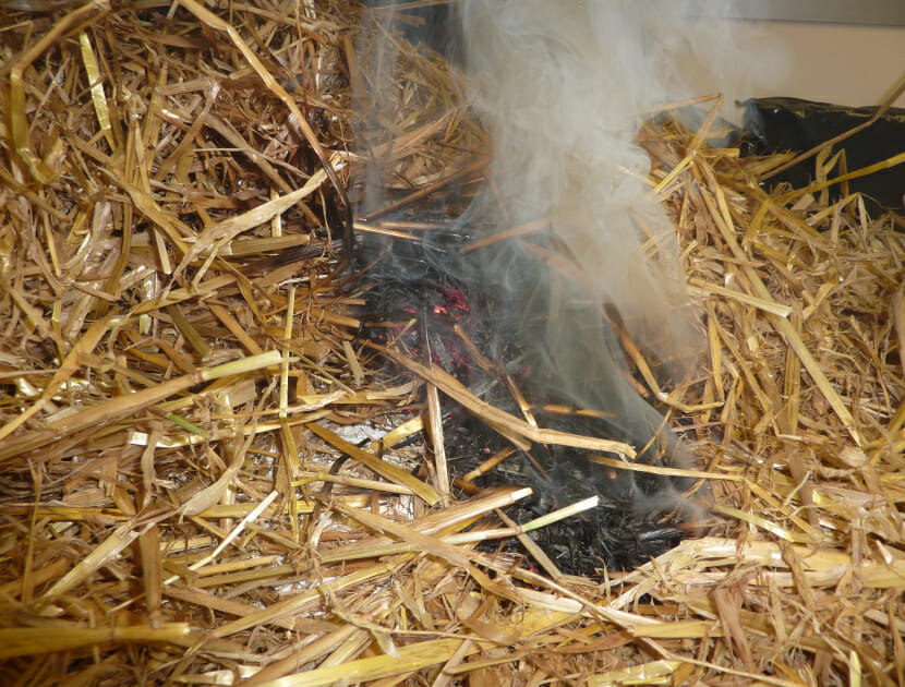 A straw fire on a farm caused by calcium oxide after water has been added