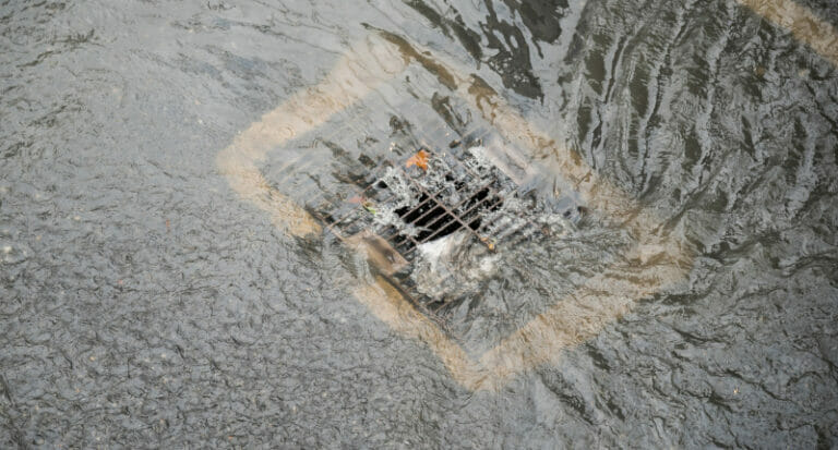 Blocked or flooded drain after copious amounts of rainfall