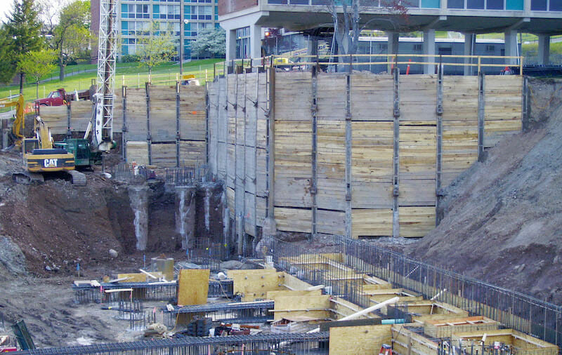 An image of an exemplar Tieback Wall showing the typical construction layout