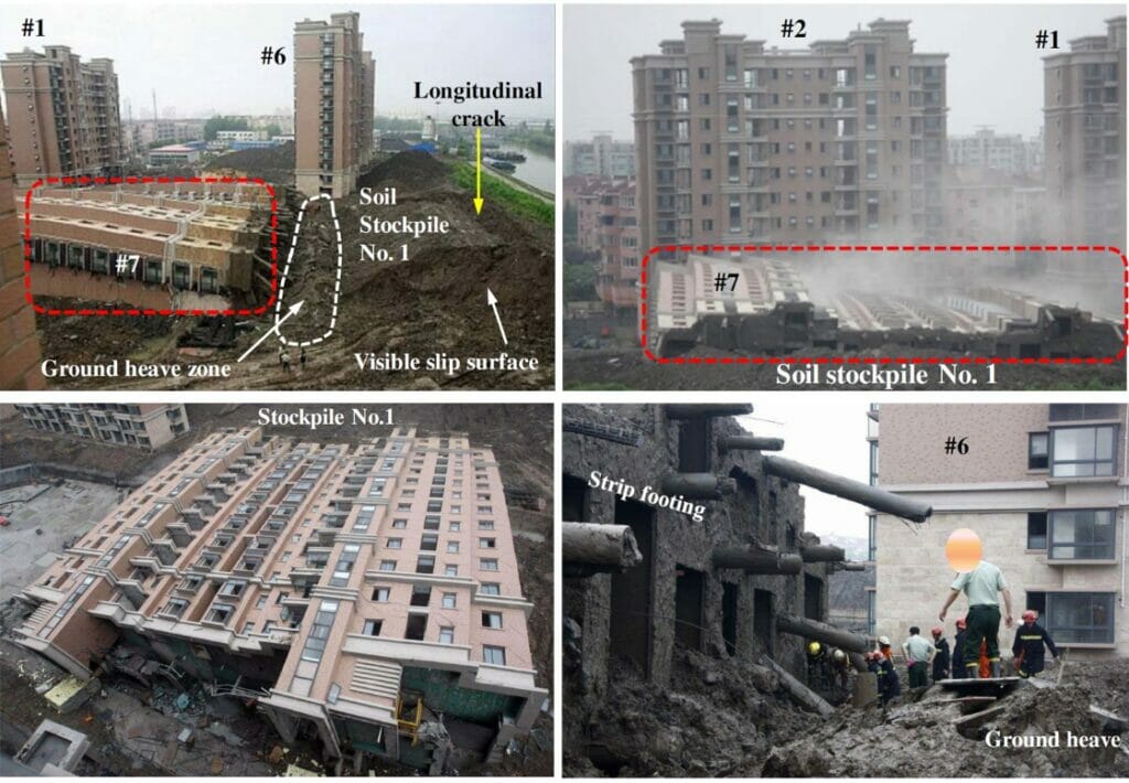 Top left: view of ground and stockpile. Top Right: right after toppling of Building 7. Bottom Left: View of Building 7 after failure. Bottom Right: view of the foundation and ground below
