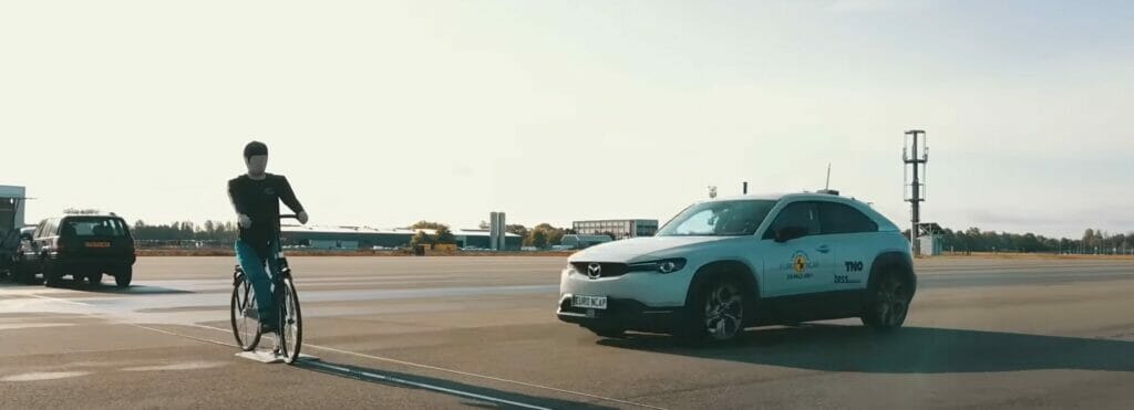 testing a cyclist riding out in-front a car to see if the AEB system works