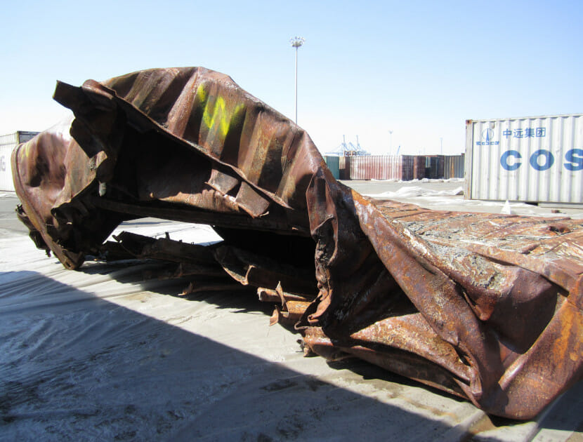 Fire damaged shipping container