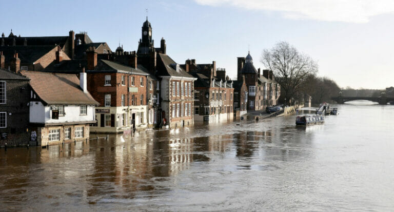 River Ouse overflows flooding areas of York, North Yorkshire, UK after storm barney