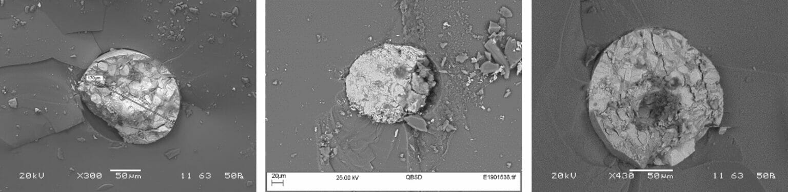 Example SEM images of NiS inclusions discovered at fracture origins, each less than 0.2 mm in diameter: around the thickness of a human hair