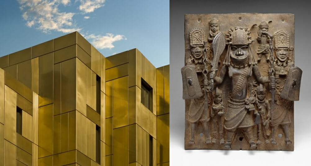 A bold brass exterior for a building and a brass statue