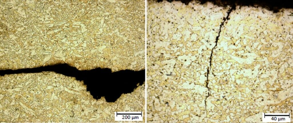 Example of SCC in a duplex brass. The microstructure suggests that the sample was possibly hot rolled.