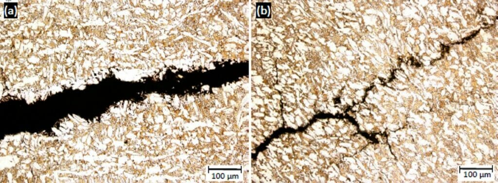 Example of cracking in another duplex brass. The microstructure appears to have a different morphology to that in Photograph 5 (a Widmanstätten like microstructure). This suggests a faster cooling rate as α phase precipitates out from β phase, suggesting the sample may be die cast.