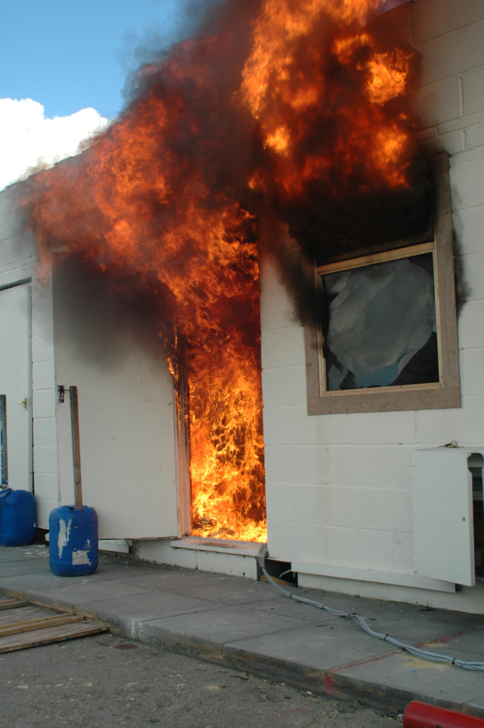 A view of an experiment fire during full involvement (‘flashover’) conditions.
