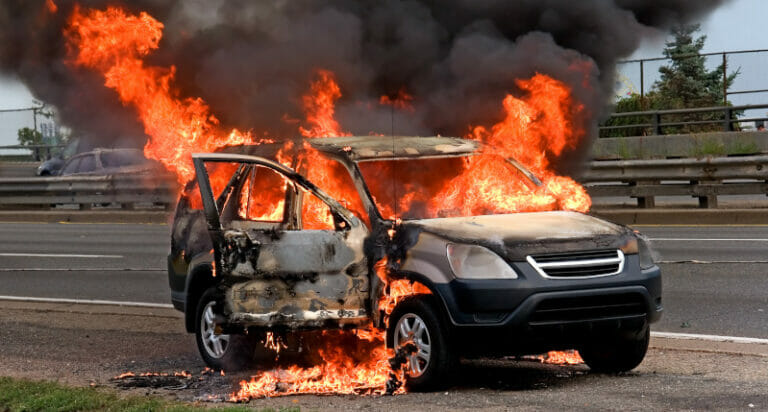 Burnt out vehicle mid fire