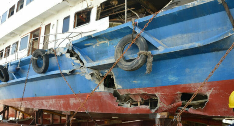 Extensive damage to the hull of a ship