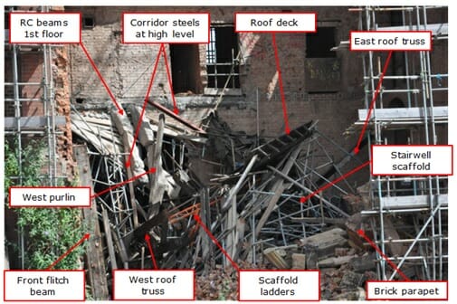 The collapse debris after a partial hospital collapse completely filled the basement.