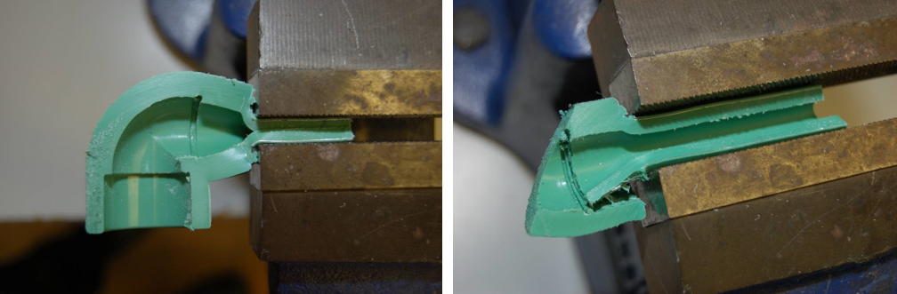 sections of two welded joints are crushed in a vice - failures of plastic welded pipes