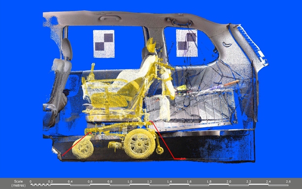 A laser scan model of the interior of the rear of the WAV – the wheelchair model has been placed onboard and the tiedown positions are indicated by red coloured lines