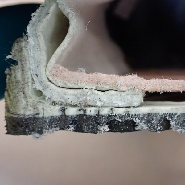 Close up cross-section of a textile material shoe