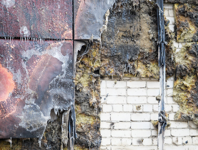 Part of the building cladding damaged by fire.