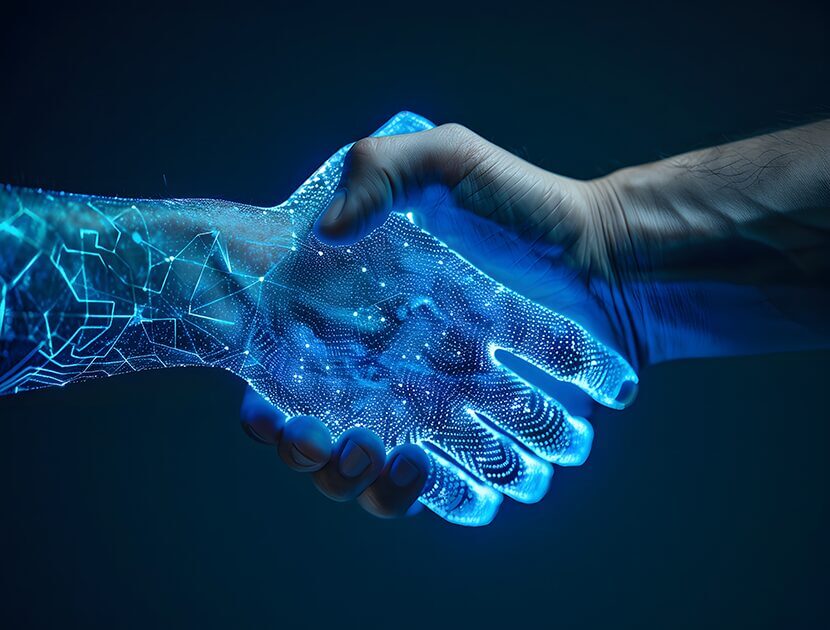 Robotic hand shaking hands with human hand