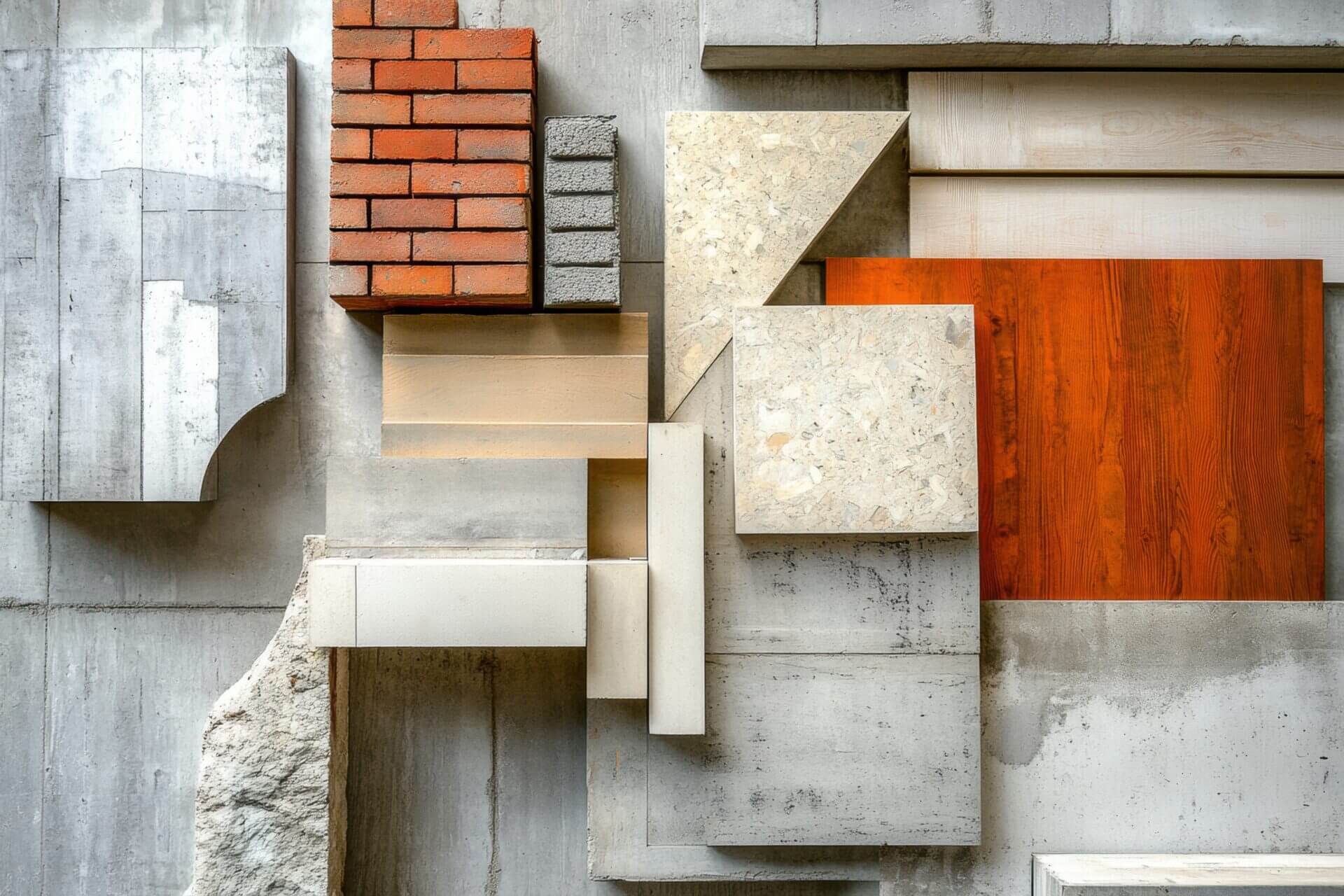 Various construction materials like bricks, wood panels, and concrete blocks arranged artfully against a neutral background.