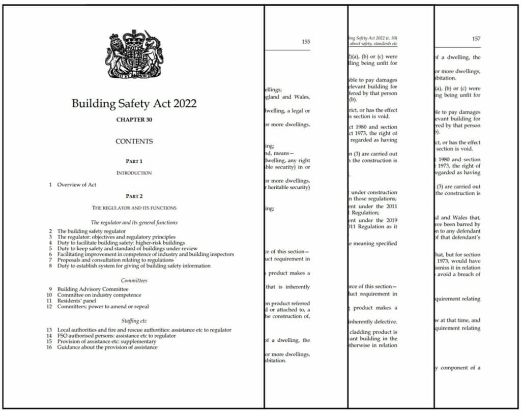 Image displaying 4 A4 pages of the Building Safety Act 2022