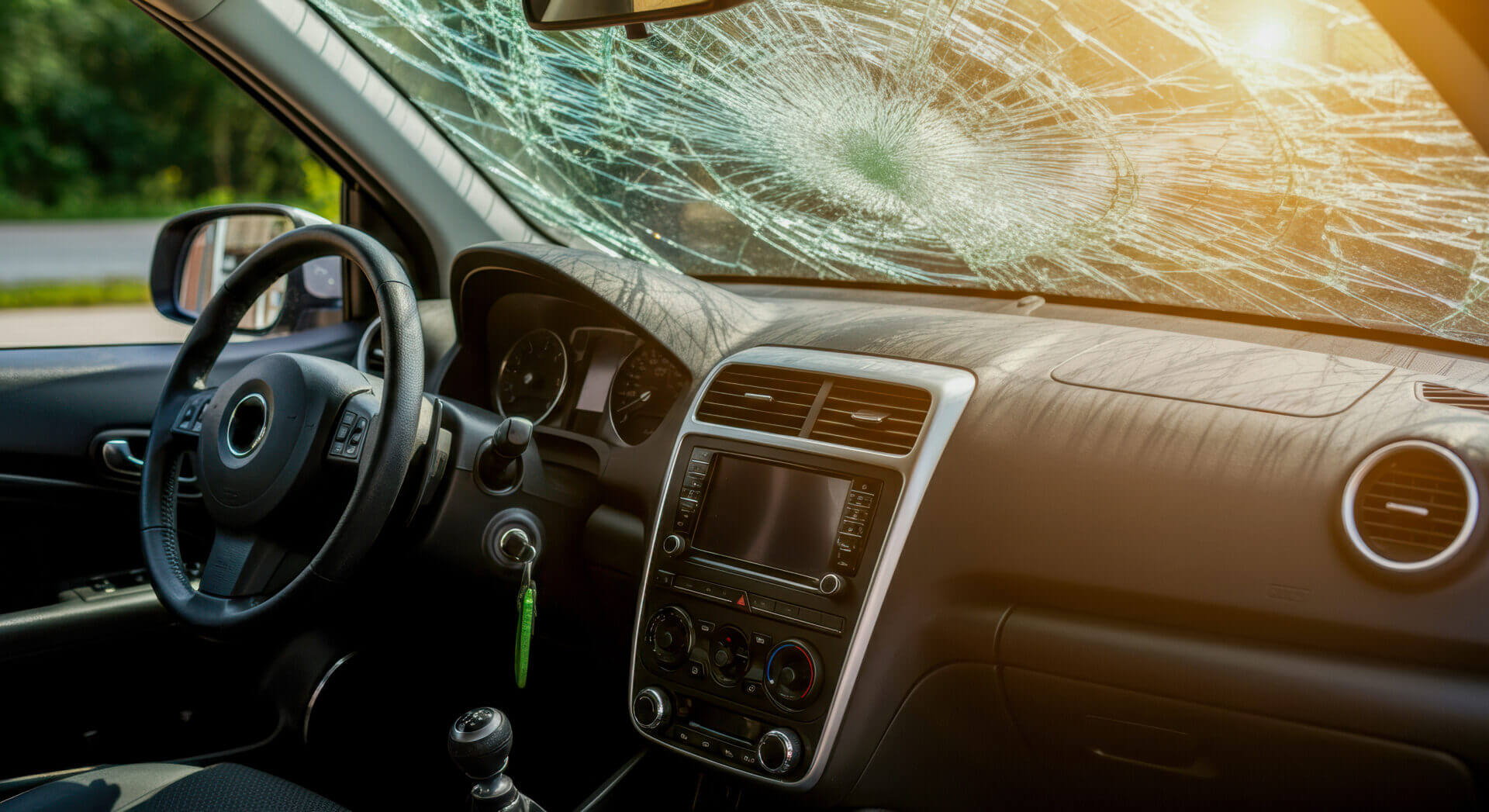 Car interior with shattered windshield displaying sunlight filtering through at a roadside location during the day