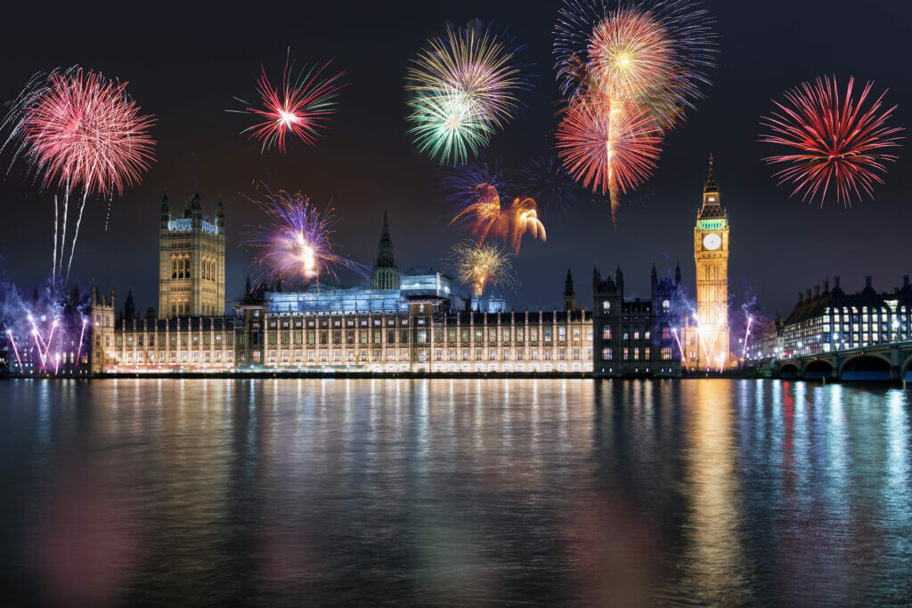 Fireworks over westminster bridge in london