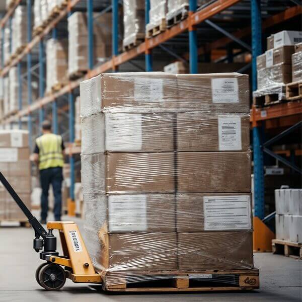 Pallet full of boxes on a pallet truck in a warehouse